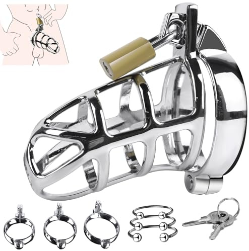 Male Chastity Cock Cage Sex Toy for Men, FEELKIDA Large Chastity Device with 3 Active Sizes Rings 3 Metal Cock Ring 2 Keys, Adult Toys for Men Penis Exercise and Abstinence