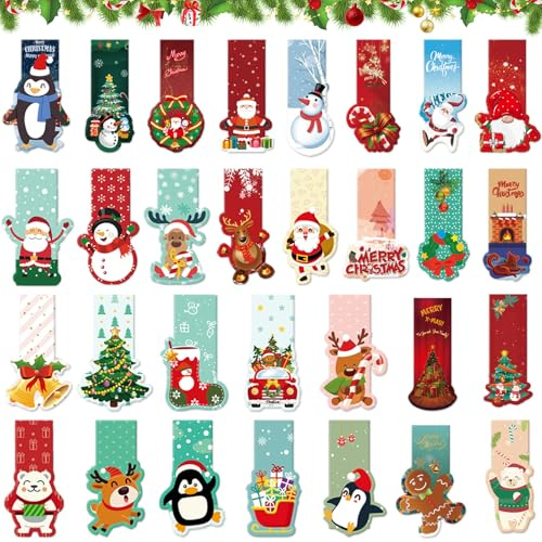 Shinybox Weihnachten Magnetische Lesezeichen, 30 Stück Magnetische Lesezeichen Bunt, Süß Magnet Seiten Clips mit Weihnachtsmann Schneemann Rentier Muster(F)