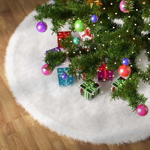 Estefanlo Weihnachtsbaum Decke Christbaumdecke Rund Weiß, 90CM Christmas Tree Skirt Runde Form Weihnachtsbaumständer Weiß Plüsch Weihnachtsbaum Unterlage Teppich für Weihnachtsbaum Dekoration