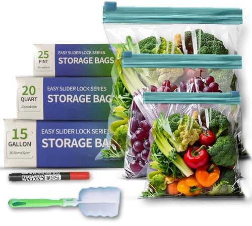 Kylex 60 Pcs Food Storage Freezer Bags, Reusable BPA Free Slider Zip Sandwich Bag with Expandable bottom, Heavy Duty Food Bags for Fruits, Veggies, Grains, Meat, Snacks -(3 Sizes)