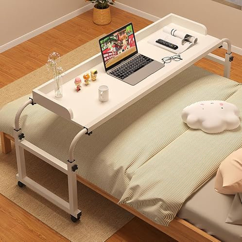 Klappbarer Betttisch mit Rollen, höhenverstellbares Klappbett, Rolltisch fürs Bett, Kingsize-Betttisch, Holz-Nachttisch für Laptops, mobiler Computerarbeitsplatz für vollwertiges Queensize-Bett (weiß