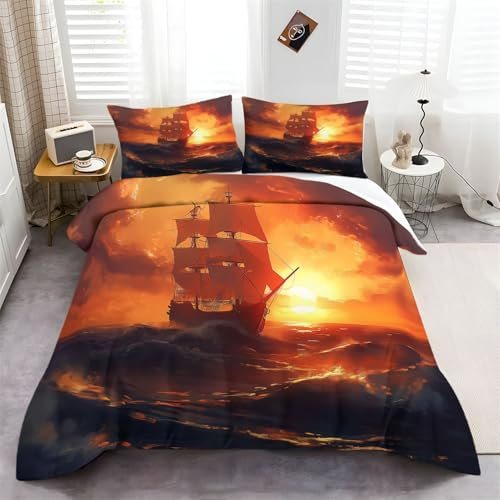 Bettbezug 220 cm X 240 cm Retro Wellen Boot Schwarz Orange – Weiche Bettwäsche Aus Polyester, Langlebig, Farbecht, Einfach Zu Reinigen, 3-Teiliges Set Mit 2 Kissenbezügen 80X80 cm