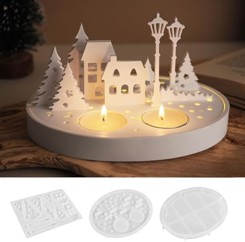 Skeadex Silikonform Gießformen Häuser, 3 Stück 3D Baum Kerzenhalter Haus