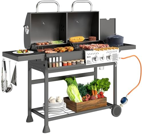 Outsunny Barbecue a Carbone e Gas in Acciaio, BBQ a Gas 2+1 Bruciatori da 7kW con Coperchio, Termometro, Ruote, Ripiani Laterali e Inferiore, Vaschetta Raccogli Grasso, Regolatore e Tubo, Nero