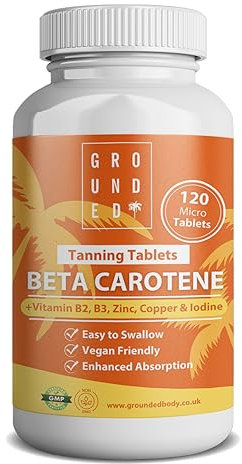 Grounded Beta Carotene Tanning Tablets | 120 Tablets, 4 Month Supply | with Zinc, Vitamin A, B2, B3, Copper & Iodine | High Strength Antioxidant Support | Vegan-Friendly & Made in The UK