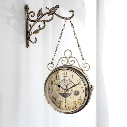 Orologio da parete bifacciale retrò, orologio con uccello idilliaco in ferro battuto - orologio decorativo impermeabile for interni ed esterni
