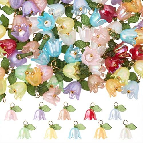 SUNNYCLUE 1 Box 120Pcs 10 Colors Floral Acrylic Charms Lily Flower Charms Bulk Brass Loops Plastic Blossom Spring Colorful Dangle Flowers Pendants for Jewellery Making Supplies DIY Earring Bracelet