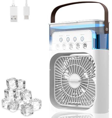 Anluomania Mobile Klimaanlage, Mini Luftkühler mit 600ml Wassetank, Ventilator USB 4 in 1, Mobile Klimagerät 3 Geschwindigkeiten, 3 Nebelmodi, Mini Klimaanlage mit 7 Farben Licht, 1-3H Timer