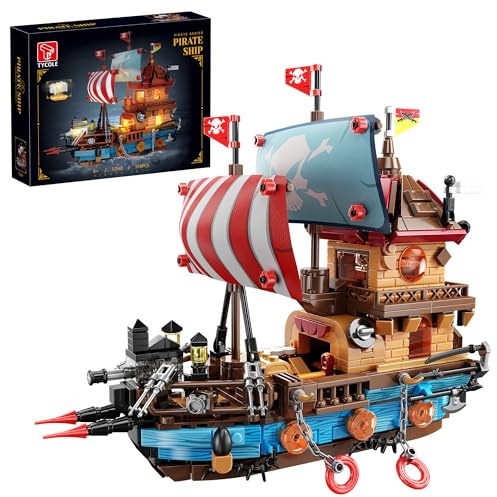 TYCOLE Juego de bloques de construcción de barcos pirata con luces, 916 piezas de juguetes para construir barcos, modelo de juguetes pirata, regalo de cumpleaños para adultos, niños y adolescentes
