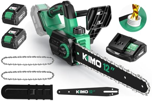 KIMO Brushless Electric Chainsaw 12 Inch Cordless with 2 X 4.0Ah Battery & Fast Charger, 54.5 FT/S Powerful Cutting, Security Lock，Auto Oiler Battery Powered Chainsaw for Wood Cutting & Tree Trimming