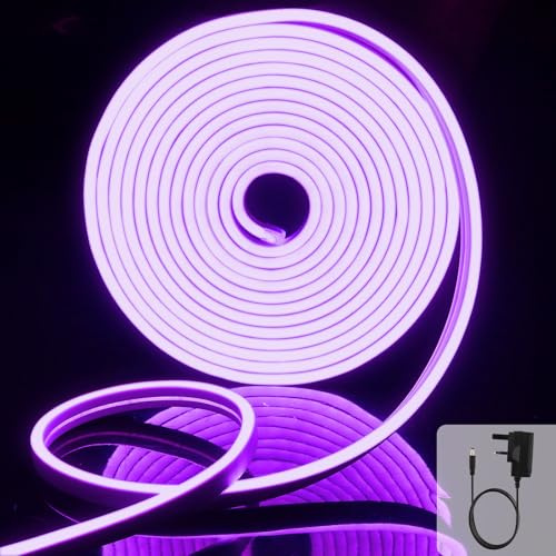 EXTRASTAR Neon Led Strip Light 5M 12V with Power Adapter,IP65 Neon Led Rope Light Cuttable 8.5W/M, Purple Light