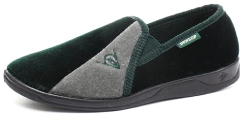 DUNLOP Mens Full Slippers Classic Velour Twin Gusset Comfort Sturdy Rubber Outsole Sole Washable House Shoes (Green/Grey, 9, UK Footwear Size System, Adult, Men, Numeric, Medium, 9)