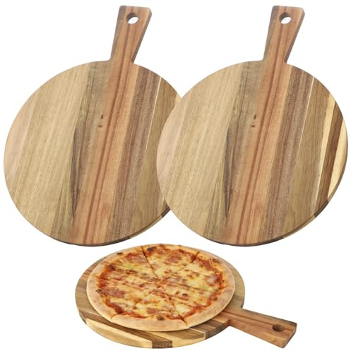 Skdqiee 2 Pcs Pizza Boards, Acacia Wood Cutting Boards, Round Wooden Pizza Chopping Trays with Handles, Cheese Bread Serving Plates for Charcuterie, Meat, Fruits