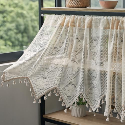 Jeeman Scheibengardinen Vintage Spitzen Kleeblatt Vorhange Halbe Gardinen Fenster Landhausstil Kurzgardine Boho Leinen Fransen Bistrogardine Küche Kleine Fenster Beige HxB 60x132cm 1 Stück