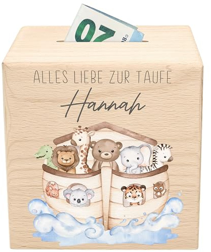 Taufe Spardose für Kinder mit Schlüssel personalisiert Taufgeschenk Jungen & Mädchen Sparschwein Holz Arche Noah Holzspardose
