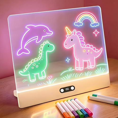Anmossi LED Zeichenbrett,Wiederaufladbare Led Zeichenbrett für Kinder mit 8 Farben,3 Modi,35x26cm Neon Art Trockenlösch,Geschenk für Kinder/Mädchen,7 Stifte & 5 Vorlagenbuch-Weiß