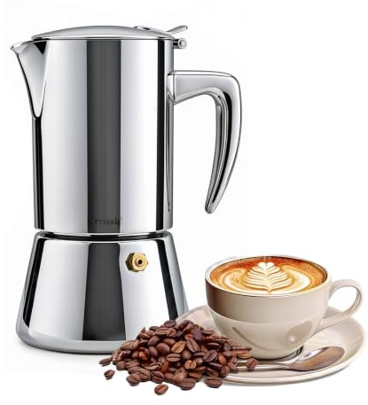 Crystals Stainless Steel Espresso Maker, 6 Cup (300ml) Moka Pot, Stovetop Italian Coffee Maker for Induction, Gas & Electric Hobs, Espresso Percolator with Safety Valve