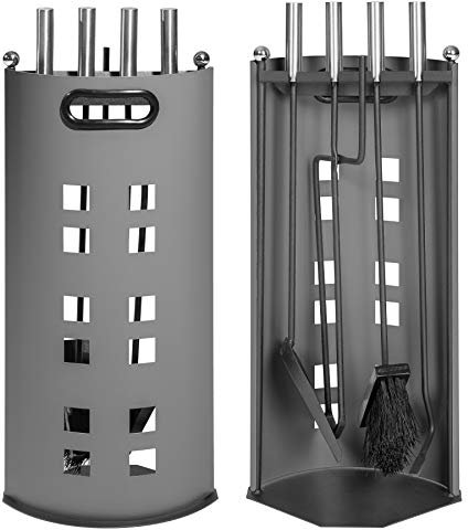 tectake® 5-teiliges Ofenbesteck Kaminbesteck Edelstahl modern, Besteck Set für Kamin, Kachelofen, Outdoor Ofen, Kaminofen Holzofen, Kaminzubehör Kehrset mit Feuerzange, Schaufel und Besen, Feuerhaken