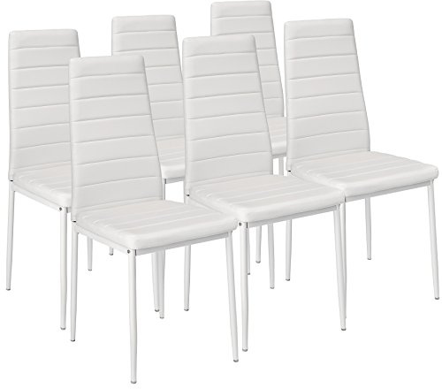 tectake® Set 6 Sedie Sala da Pranzo, Sedie Cucina in Similpelle, Gambe in Acciaio, Sedie da Pranzo Moderne dal Design Elegante, Sedie da Cucina Antiscivolo - Bianco
