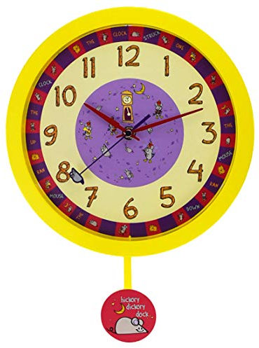 Yellow Nursery Rhyme Hickory Dickory Dock Silent Sweeping Seconds Quartz Wall Clock with moving pendulum