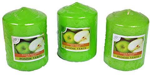 Set mit 3 großen Votivkerzen, dekorativ, parfümiert, gegen Tabak, Kerzen für die Dekoration des Hauses und für eine grüne Atmosphäre, Apfelduft, 7,5 x 10 cm, Brenndauer 40 Stunden.