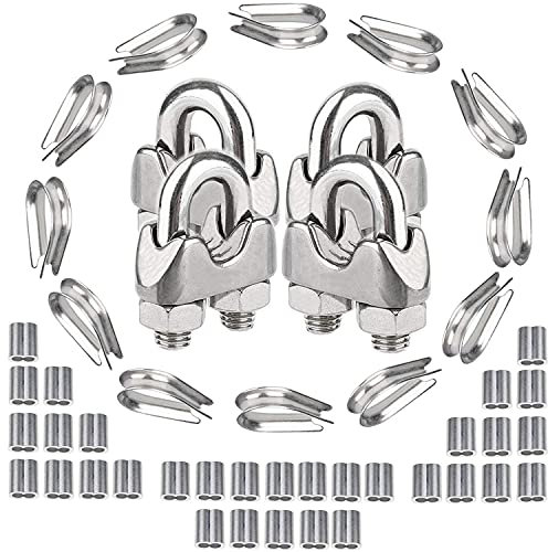 AMLOOPH Stainless Steel U Bolts Wire Rope Clamp Saddle Clips, Cable Clamps Wire Rope Thimbles And Aluminum Crimping Loop Sleeve Finisher Accessories For Ø2-3mm Wire lifting clamps, Pack of 48