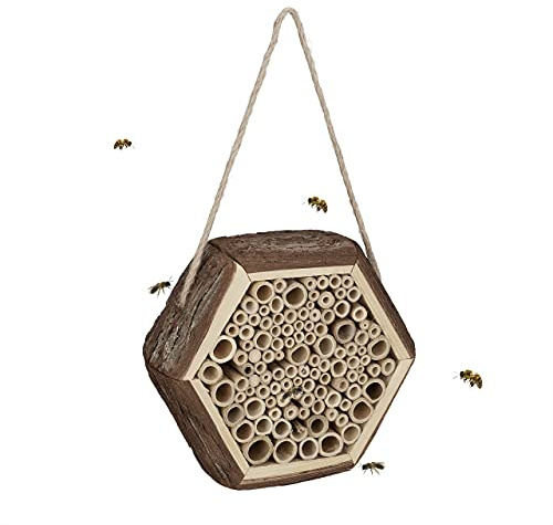 Relaxdays Hotel Insectos Hexagonal, Casita Nido Abejas, Colmena, Jardín, Balcón, Colgante, 18 x 20 x 7 cm, Color Natural