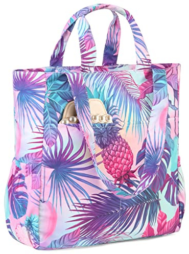 VASCHY Beach Bag for Women, Floral Lightweight Shoulder Tote Bag Foldable Water Resistant Sandproof Handbag Pool Gym Bag with Zip and Multi-pockets for Vacation, Travel(Purple Pineapple)