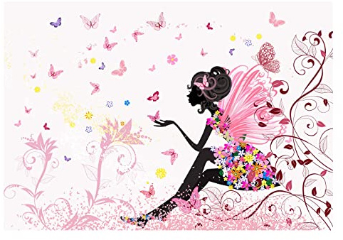 WallArena - Vlies Fototapete Kinderzimmer 208x146 cm Mädchen Fee Rosa Blumen Schmetterlinge für Kinder - Fototapeten Tapeten für Kinder Kindertapete - Vliestapete Wandtapete Tapete 3D Effekt