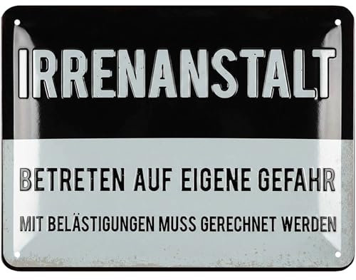 LANOLU Retro Blechschilder Sprüche lustig - IRRENANSTALT Schild für Tür, Flur und Küche - vintage Metallschild Irrenhaus als Geschenk Büro Deko und Werkstatt Schild - aus Metall, 15x20cm