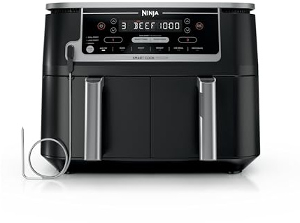 Ninja Foodi Air Fryer w/ Smart Cook Thermometer | 6-in-1 Air Fry, Roast, Bake, Dehydrate & More | DualZone™ Match Cook & Smart Finish, 2 Independent Baskets | XL 10 Qt, Stainless Steel | Black, DZ550