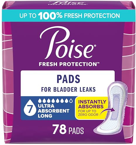 Poise Incontinence & Postpartum Pads for Bladder Leaks, 7 Drop Ultra Absorbency, Long Length, 78 Count, Packaging May Vary