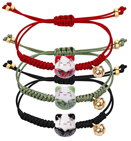 Yolev 3 Piezas Pulsera de Gato de la Suerte Pulsera de Cuentas de Cerámica de Gato Ajustable con Campana Amuleto