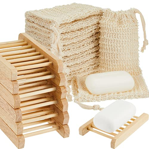 Rtteri 60 Pcs Soap Saver Bags & Bamboo Soap Holder Set Exfoliating Sisal Soaps Washing Bags Self Draining Wooden Bar Soaps Dish for Shower Bath Toilet Kitchen Restaurant