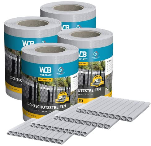 WDB - Sichtschutzstreifen für Doppelstabmatten Sichtschutz Zaun - Set 4X 35 m x 19 cm + 80 Stück Befestigungsclips - PVC Windschutz Basic Line - 450 g/m2 - Grau - RAL 7040