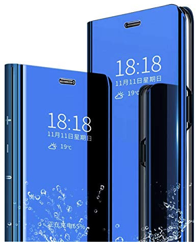 MLOTECH Hülle für Samsung Galaxy S23 Ultra,Handyhülle + Schutzfolie [2 Stück] Flip Transluzent View Miroir Cover Anti-Schock Spiegel Standfunktion Schutzhülle Himmelblau