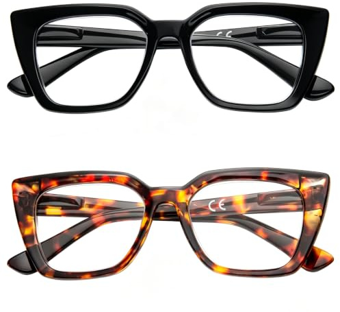 Kodilin 2 Pack Occhiali da lettura donna Oversized Square Anti Luce Blue Computer Lettori Uomo con cerniera a molla (+1.5, nero e leopardo)
