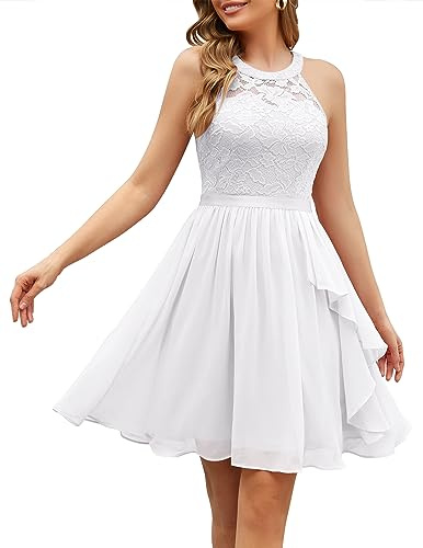 Wedtrend A Linie Neckholder Rüschenkleid Cocktailkleid Elegant Hochzeitsgastkleid WT0213 White-S