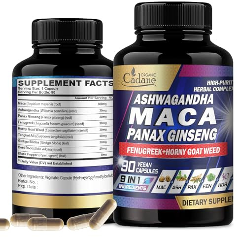 Organic Cadane Maca Root, Ashwagandha, Panax Ginseng Supplement - 90 Capsules 3 Months with Fenugreek, Tongkat Ali & More - Support Energy Production & Immunity