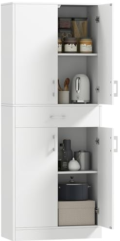 HOMCOM Buffet de Cuisine Armoire de Cuisine Buffet Haut 2 étagères réglables 4 Portes 2 placards et 1 tiroir Central Hauteur 180 cm Blanc