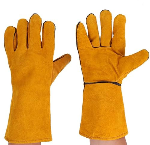 BE-TOOL Gelb Schweißerhandschuhe, Hitze- und feuerbeständige Lederhandschuhe mit Stulpe für Herd, Ofen, Grill und Feuerstelle