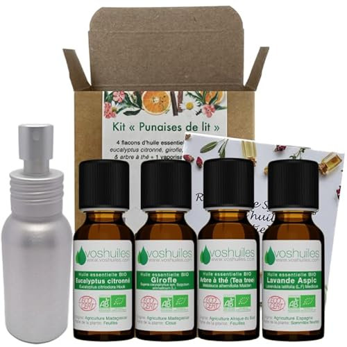 VOSHUILES - Kit Huiles Essentielles Punaises de Lit- Parfums Girofle- Eucalyptus Citronnée- Lavande Aspic- Arbre à Thé- 4x10ml- Vaporisateur 50ml Inclus- BIO