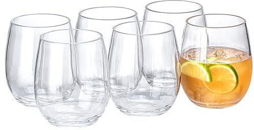 MIYOPESI 18oz Clear Stemless Wines Cups (Set of 6), Shatter-Proof Acrylic Glasses Drinkware, Reusable Plastic Bar Glasses, BPA-Free, Dishwasher-Safe