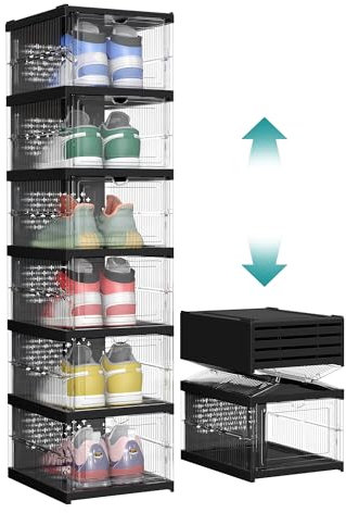 SONGMICS Schuhschrank, mit 6 Schuhboxen, integrierter Schuh-Organizer, faltbar, tragbar, für Schuhe bis Größe 46, 1-Min-Montage, transparent-tintenschwarz LSP205B01