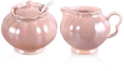 Zuckerdose und Sahnekännchen-Set, Perlglanz-glasiertes Porzellan, Zuckerspender und Milchkännchen-Behälter-Set für Kaffeebar, Tee, Milch und jede Arbeitsplatte, Rosa, 3-teilig