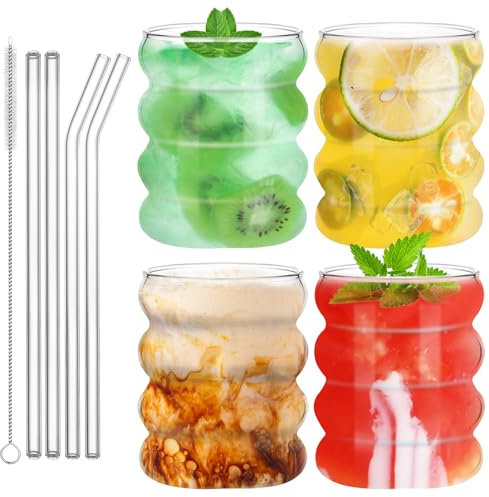 Gowkeey Vasos de Cristal Ondulados Estilo Vintage, Juego de 4 Vasos de Cristal Agua, Vasos de Vidrio de Burbujas con Pajita y Cepillo, Juego de Vasos Agua para Café, Yogur, Soda, Batidos, Cocktail