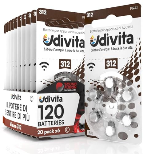 120 Pilas para Audífono Udivita Sin Mercurio Tamaño 312 Tecnología Phono Pulse - 20 Blísteres de 6 Pilas