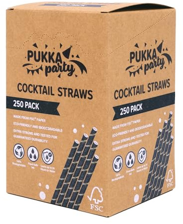 PUKKA party Paper Cocktail Straws – Pack of 250 Eco-Friendly, Biodegradable Drinking Straws – Extra Strong Durability, Lasts up to 24 Hours in Water – Counter Display Unit with Tear-Away Top – 14cm