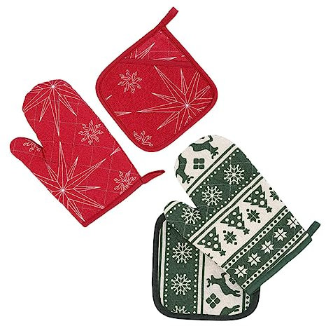CIYODO 2sets Christmas Oven Mitts Heat Resistant Microwave Gloves for Kitchen Use Insulation Pads for Baking and Cooking