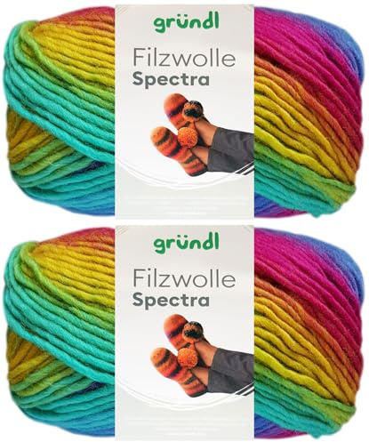 2x100 Gramm Gründl Filzwolle Spectra aus 100% reiner Schurwolle inkl. Anleitung für Filzschuhe (05 Carnival Multicolor)
